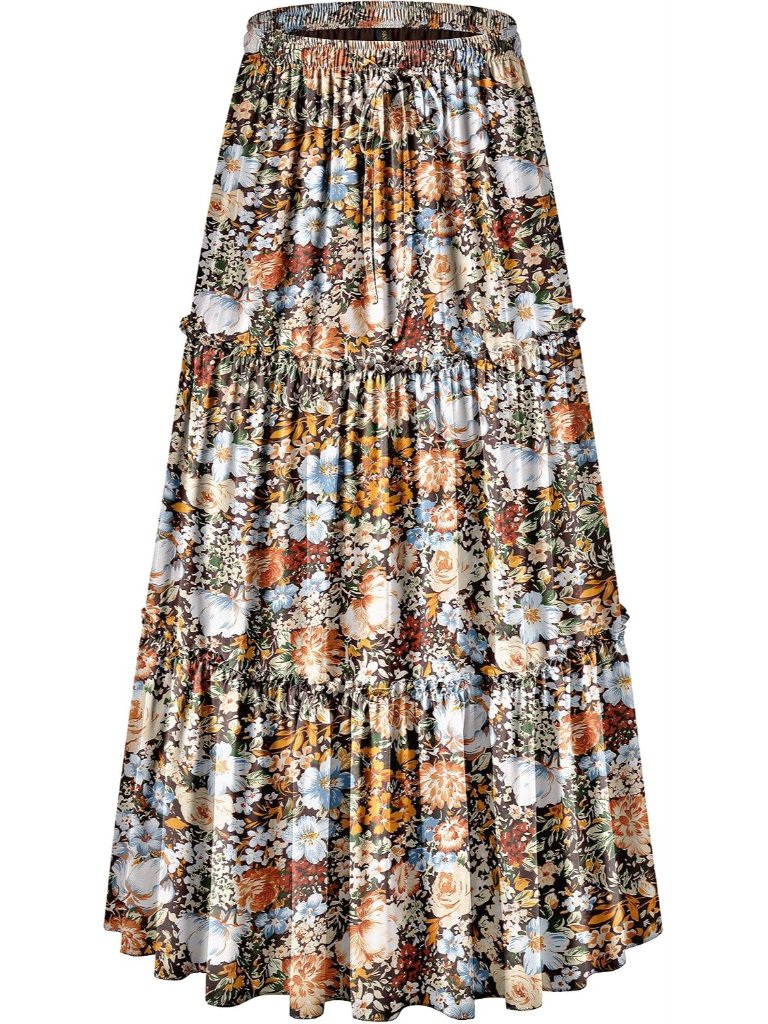 Women's Flowy Boho Floral Casual Maxi Skirt Elastic High Waisted A Line Tiered C